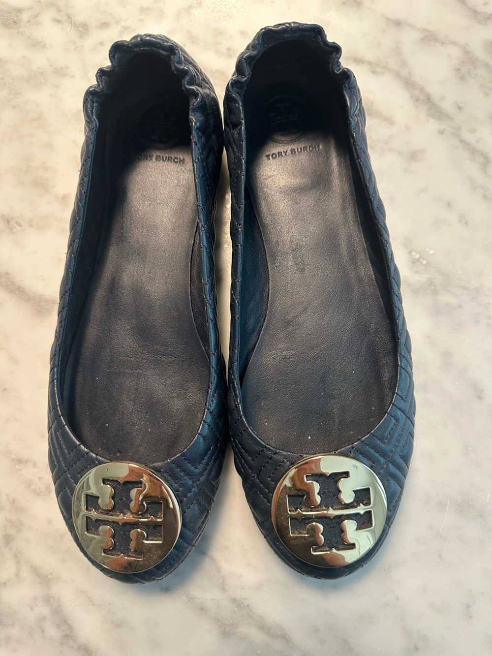 Tory Burch Quilted Navy Leather Logo Medallion Ballet Flats
